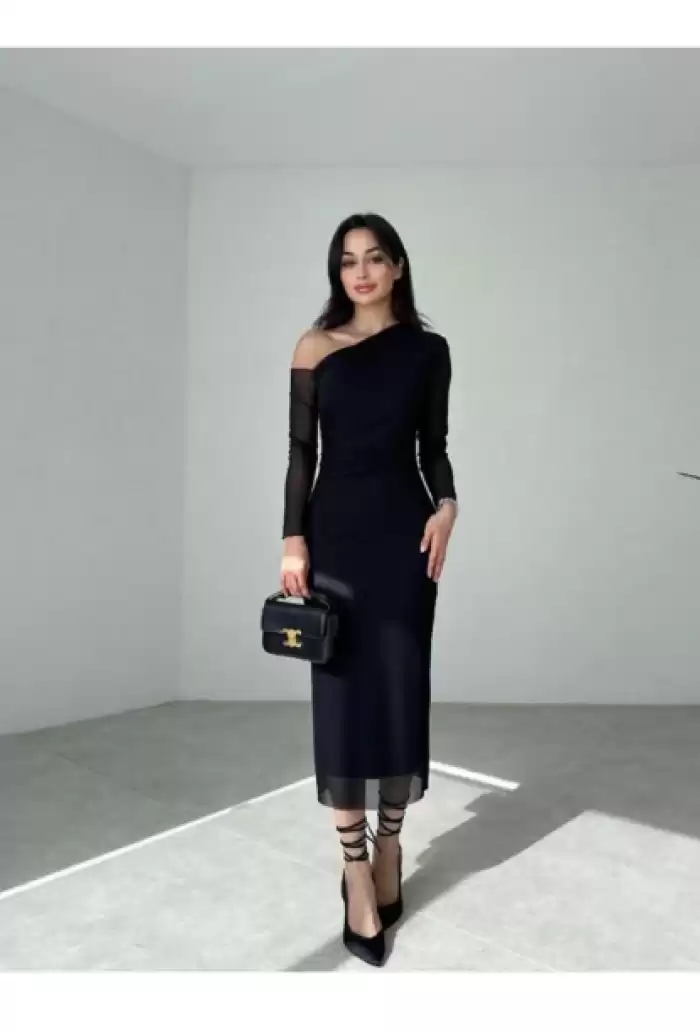 Tek Omuz Desenli Maxi Boy Tül Elbise - interartyazilim.com.tr